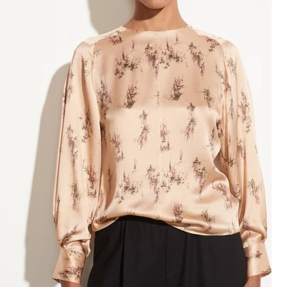 VINCE Wisteria Floral Silk Blouse Size M Medium Cream Tan Beige - Picture 1 of 8